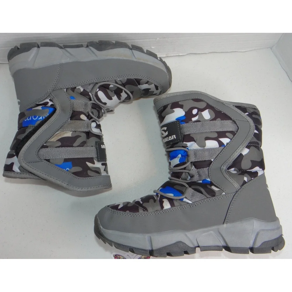 Hobibear AW3771 Kids Grey Blue Camo Faux Fur Lined Snow Boots Size 37